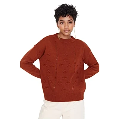 Image of Trendyol Women&#039;s Crew Neck Plain Regular Sweater Sweatshirt, Brown, S UK