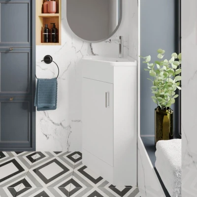 Image of Nuie Mayford Floor Standing Corner 1 Door Vanity Unit with Basin 550mm Wide Gloss White