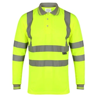 Image of Hi Viz Vis High Visibility Polo Neck Long Sleeves T Shirts Reflective Tape Safety Collared Security Work Breathable Lightweight Workwear Tops (Yellow with Grey Collar Small)