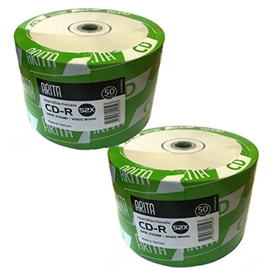 Image of 100 Genuine Arita Ritek Full Face White Inkjet Printable Blank CD R Discs 52x 700MB 80 minutes Shrinkwrap By Natureinks