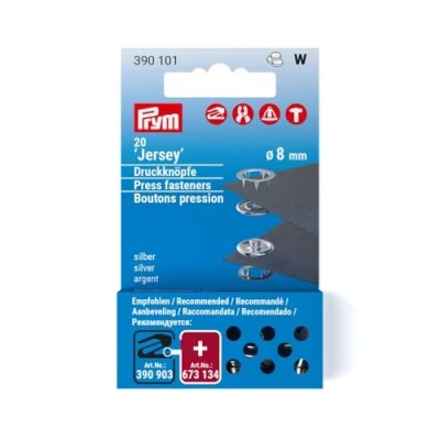 Image of Prym Non sew Silver Coloured Brass (8mm) Self Locking Ring Jersey Press Fasteners for Thinner and Stretchy Fabrics 20 Pieces