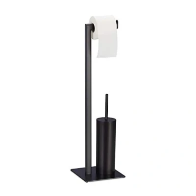 Image of Relaxdays Set Roll, Toilet Brush Holder, Standing 72.5 x 20 cm, Black, Steel Plastic, 1 item