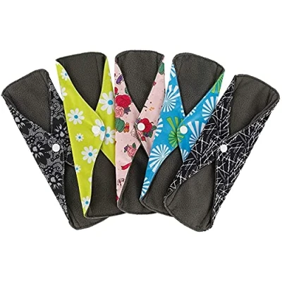Image of 5 PCS Reusable Sanitary Pads, 18 x 25.5cm Washable Menstrual Pads Towels Panty Liners Heavy Flow Napkin Bamboo Charcoal Hygiene Cloth for Women Day and Night