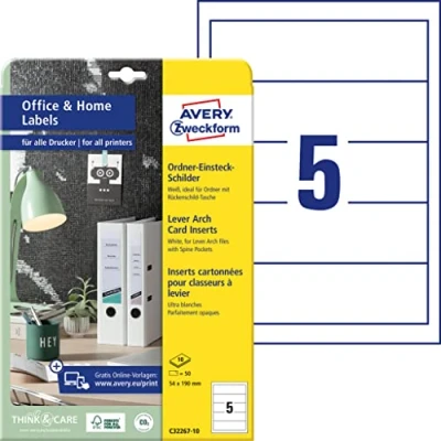 Image of AVERY Zweckform C32267 10 Folder Spine Insertion Labels (50 Labels, 54 x 190 mm on A4, Printable, for Inserting Wide/Short Folders, Micro Perforation, Home Office) Sheets, White
