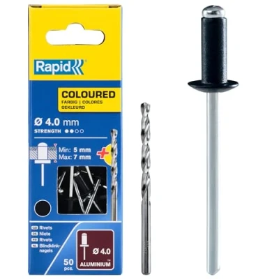 Image of Rapid High Performance Black Aluminium Rivets, Ø4 x 10 mm 4mm Rivets for Gutters, Piping, and Sheet Metal Includes Drill 50 Pieces, Carton Boxed (5001466)