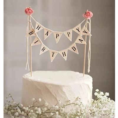 Image of DIVISTAR Happy Birthday Cake Bunting Topper Garland, Handmade Pennant Flags with Wood Pole Ivory Pink Roses