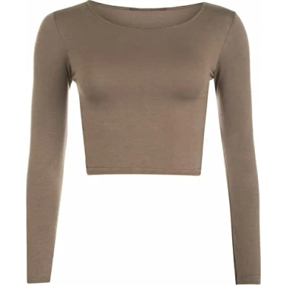 Image of Womens Crop Long Sleeve T Shirt Ladies Short Plain Round Neck Top Fitness Workout Running Shirts Cropped Tops (Mocha UK 12 14)
