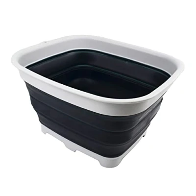 Image of SAMMART 15L Collapsible Dishpan with Draining Plug Foldable Washing Basin Portable Dish Tub Space Saving Kitchen Storage Tray (Grey/Slate Grey)