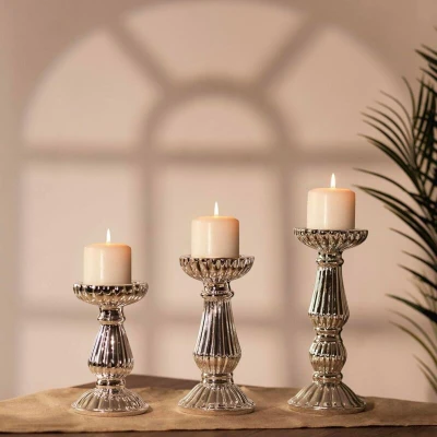 Image of Marco Paul Set of 3 Polished Pillar Candle Holder Elegant Home Decor Warm Light Decorations Dining Table Living Room Kitchen Dinner Candles Tealight Holders for Wedding Centrepieces Farmhouse