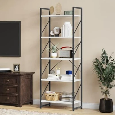 Image of YITAHOME Bookcase 5 Tiers, Floor Standing Book Shelf, Wooden Shelf and Metal Frame Rack, Display Storage Rack Shelving Units for Living Room, Home Office White Bookshelf