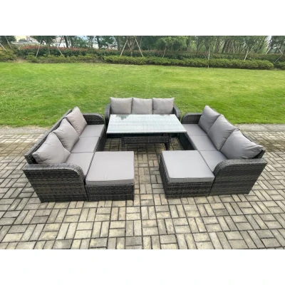 Image of Patio Rattan Garden Furniture Set with Oblong Rectangular Dining Table 11 Seater Outdoor Lounge Sofa Dark Grey Mixed Fimous