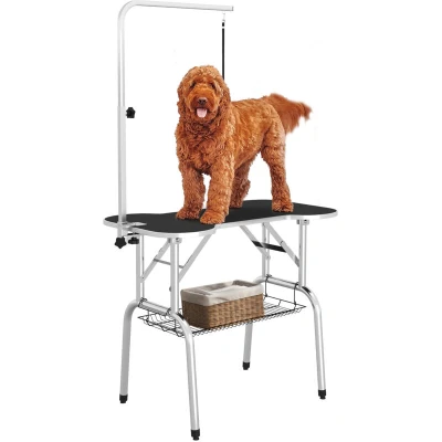 Image of PawHut Foldable Dog Grooming Table Pet Drying with Adjustable Arm Non Slip Rubber Tabletop Aluminium Alloy Edge Stainless Steel Bar Sling 94.5 x 55 81cm Black
