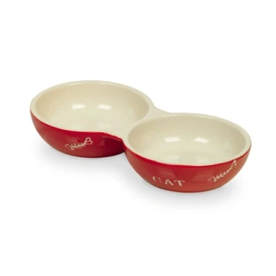 Image of Nobby Ceramic Cat Double Bowl, 22 x 0.25 cm, Red/ Beige