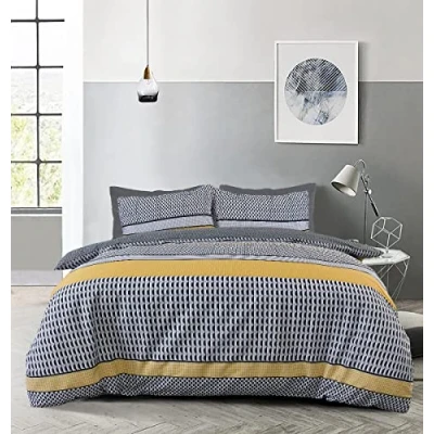 Image of Sleepdown Stripe Geo Abstract Mono Black Grey Ochre Reversible Duvet Cover Quilt Pillow Case Bedding Set Soft Easy Care Single (135cm x 200cm)