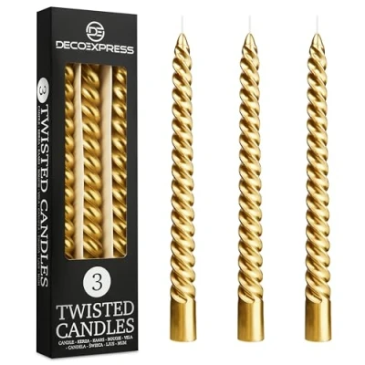 Image of Dinner Candles Pack 3 or 6 Twisted White Red Gold Coloured Spiral Non Drip Long Lasting Hours Burn Scented (Gold, of 6)