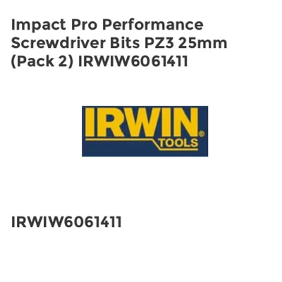 Image of Irwin Impact Pro Performance Screwdriver Bits PZ3 25mm (Pack 2) IRWIW6061411