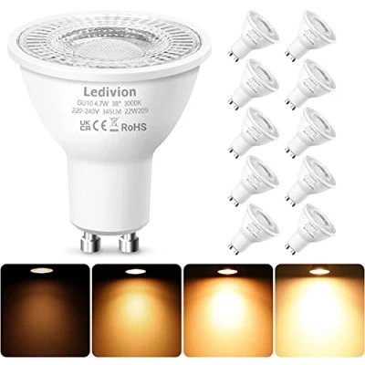 Image of Ledivion GU10 LED Bulbs Warm White Dimmable, 4.7W Spotlight Bulb, 3000K, 50W Halogen Equivalent, 220 240V 345 Lumen 38 Beam Angle, Pack of 10