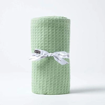 Image of HOMESCAPES 100% Organic Cotton Waffle Throw Sage Green 125 x 150 cm Super Soft Combed