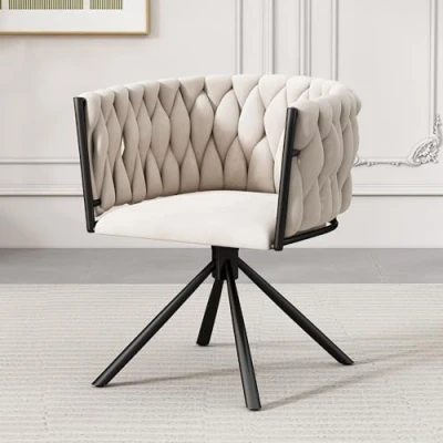 Image of ModernLuxe Dining Chairs 1PC, 360 Swivel Chairs, Light Luxury Kitchen with Curved Backrest and Metal Support Legs, Velvet for Living Room Vanity, Beige