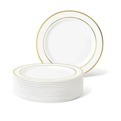 Image of MATANA 25 Premium White Plastic Dessert Plates with Gold Rim, 19cm / 7 Inch Elegant &amp; Reusable Small Side Plates, Starter for Weddings, Birthdays, Picnic, BBQ, Parties