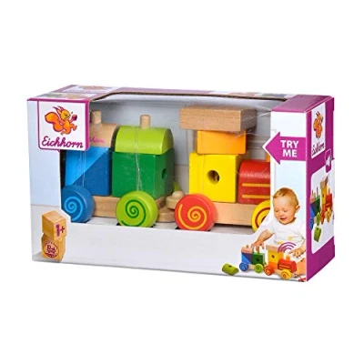 Image of Eichhorn 100003453 Sound Locomotive and Trailer consisting of Building Blocks, 11 Pieces, 17 cm Long, Motor Skills Toy for Children from one Year Old, Colourful