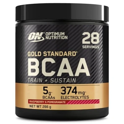 Image of Optimum Nutrition Gold Standard BCAA Train + Sustain, Amino Acids Pre Workout Powder, Sports Drink with Vitamin C, Zinc, Magnesium and Electrolytes, Raspberry &amp; Pomegranate Flavour, 28 Servings, 266 g