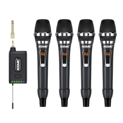 Image of ACEMIC UHF Wireless Microphone System, 4 Handheld Dynamic Mic Set with Receiver, Channel Cordless Mics for Karaoke, DJ, Wedding, Church, Speech, Q4
