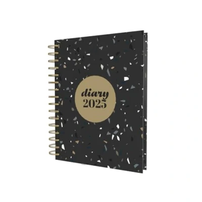 Image of Collins Scandi 2025 Diary A5 Day to Page Journal with Appointments NEW Black Terrazzo (E PW51.BLTZ 25) Daily Planner Hardback Wiro Bound Covers and Recycled Paper