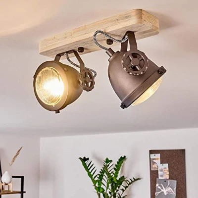 Image of Ceiling lamp Herford, Adjustable Made of Metal/Wood/Glass in Black/Brown/Nature, 2 Flame, x GU10 Socket, Swivel and tiltable spot Retro Design, Without Bulbs