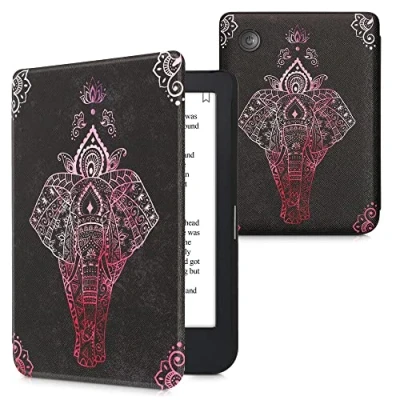 Image of kwmobile Case Compatible with Kobo Clara 2E / Tolino Shine 4 eReader Cover Elephant Sketch Dark Pink/Anthracite