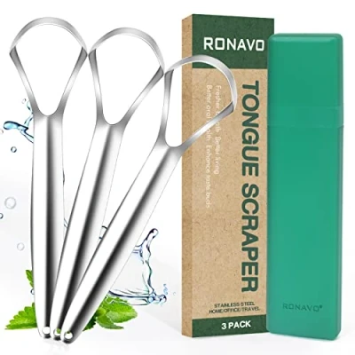 Image of RONAVO Tongue Scraper (3 Pack) Cleaner Tool Dentist Approved, Stainless Steel Scrapers for Adults, Cleaners Cure Bad Breath,Tongue Cleaning with Travel Case