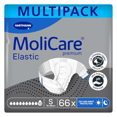 Image of MoliCare Premium Elastic Unisex Disposable Slip: Discreet Use for Woman and Men with Incontinence; 10 Drops, Size S, 3 Packs of 22 (66 Pieces)