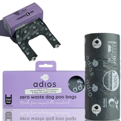 Image of Adios Plastic Home Compostable Dog Poop Bags Rolls Extra Thick Leakproof Waste Made of Cornstarch Doggie with Handles Unscented &amp; Easy to Open 120 Count (1 Jumbo Roll)