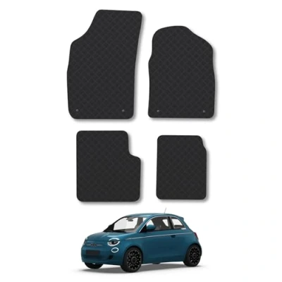 Image of Rubber Car Mats Compatible with Fiat 500 Hybrid (2020 ) Tailored Fit Floor Set Accessory Black Custom 4 Pieces Clips Anti Slip Backing, Heavy Duty &amp; Waterproof