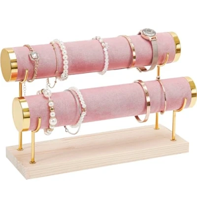 Image of ProCase Detachable Bracelet Holder Stand, Gold Organiser for Selling, Velvet Wrap Display Rack with Wooden Base Bangles Scrunchies Watches 2 Tier, Pink