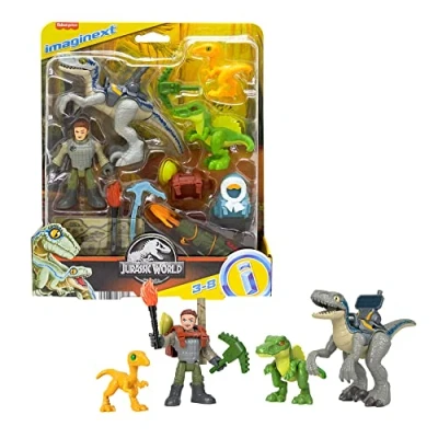 Image of Imaginext Jurassic World Dinosaur Toys, Track &amp; Trail Dino Pack with Owen Grady and Blue for Preschool Pretend Play, 12 Pieces, HND46