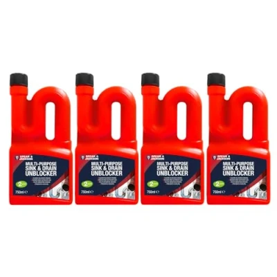 Image of Spear &amp; Jackson Multi Purpose Sink Drain Unblocker 4 x 750 ml, Clears Blocked Drains, 2 Doses per Bottle