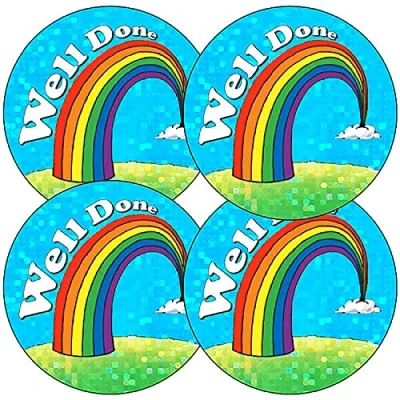 Image of 175 Holographic Sparkly Well Done Rainbow Childrens School Praise Teachers Reward Stickers 37mm Primary Teaching Services