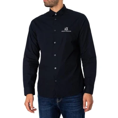 Image of Armani Exchange Men&#039;s Ax Long Sleeve Icon Logo Button Shirt, Deep Navy, M
