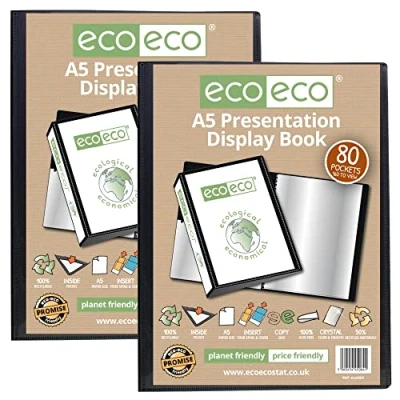 Image of eco A5 Size 50% Recycled 80 Pocket Black Presentation Display Book, Storage Case Portfolio Art Folder with Plastic Sleeves, eco064x2, (Pack of 2 Books)