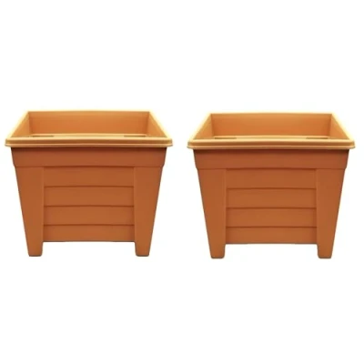 Image of Optimal Products Long Trough/Oval/Square Plant Pot Plastic Planter Indoor Home Outdoor Garden Window Herb Flower Box (2, 38cm Square Terracotta)