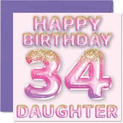 Image of 34th Birthday Card for Daughter Pink &amp; Purple Glitter Balloons Happy Cards 34 Year Old from Mum Dad Parents, 145mm x Bday Greeting Gift
