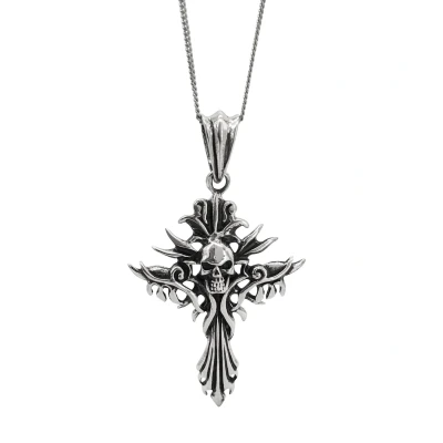 Image of 81stgeneration Unisex 925 Sterling Silver Fire Skull Gothic Cross Pendant Necklace, 18&quot;