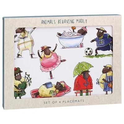 Image of Lesser &amp; Pavey Comic Farmyard Fun Illustrations Set of 4 Matching Placemats Sheep or Highland Cow Designs (Sheep)