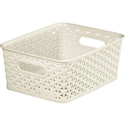 Image of Curver My Style Rattan Effect Kitchen, Living room, Bathroom, Bedroom, Utility Medium Rectangular Storage Basket 12 Litres Vintage Cream White
