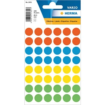 Image of HERMA Dot Stickers Assorted, 240 Labels, Ø 13 mm, 48 Labels per Sheet, Self Adhesive Round Colour Stickers, Blank Marking Dots, Sticky Circle for Color Coding Calendar
