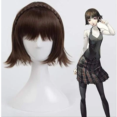 Image of Persona 5 Makoto Niijima Wigs Mixed Brown Hair Cosplay Wig With Braid + Cap