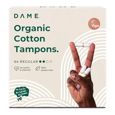 Image of DAME Organic Cotton Regular Tampons (64) High Absorbency for Light to Medium Flow Non Applicator, No Toxin, Hypoallergenic, Plastic Free 100% Cotton, Biodegradable, Sustainable