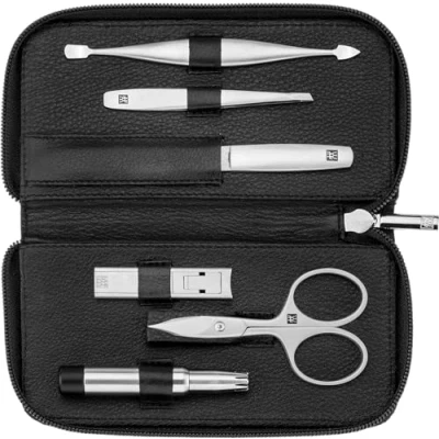 Image of ZWILLING 6 Piece Premium Black Cowhide Leather Zip Manicure Set with Compact Nail Clippers