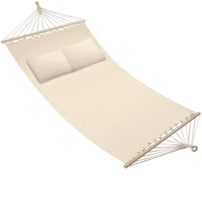 Image of tectake® 2 Person Garden Hammock with Soft Surface &amp; Plush Pillows, Durable Secure Suspension, 240 kg Load Capacity, Easy Setup, Spacious Double for Backyard, Patio, Camping Beige